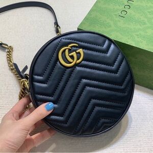 Gucci Black Round Quilted Leather Crossbody with Gold Double G